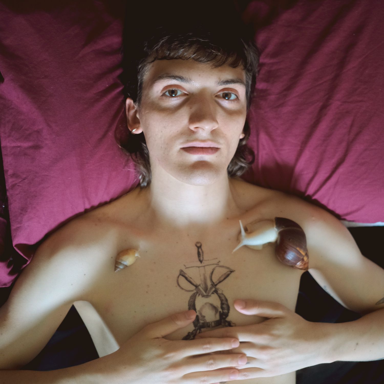 A person lying among pink cushions with a drawn tattoo on their chest and snails on their skin