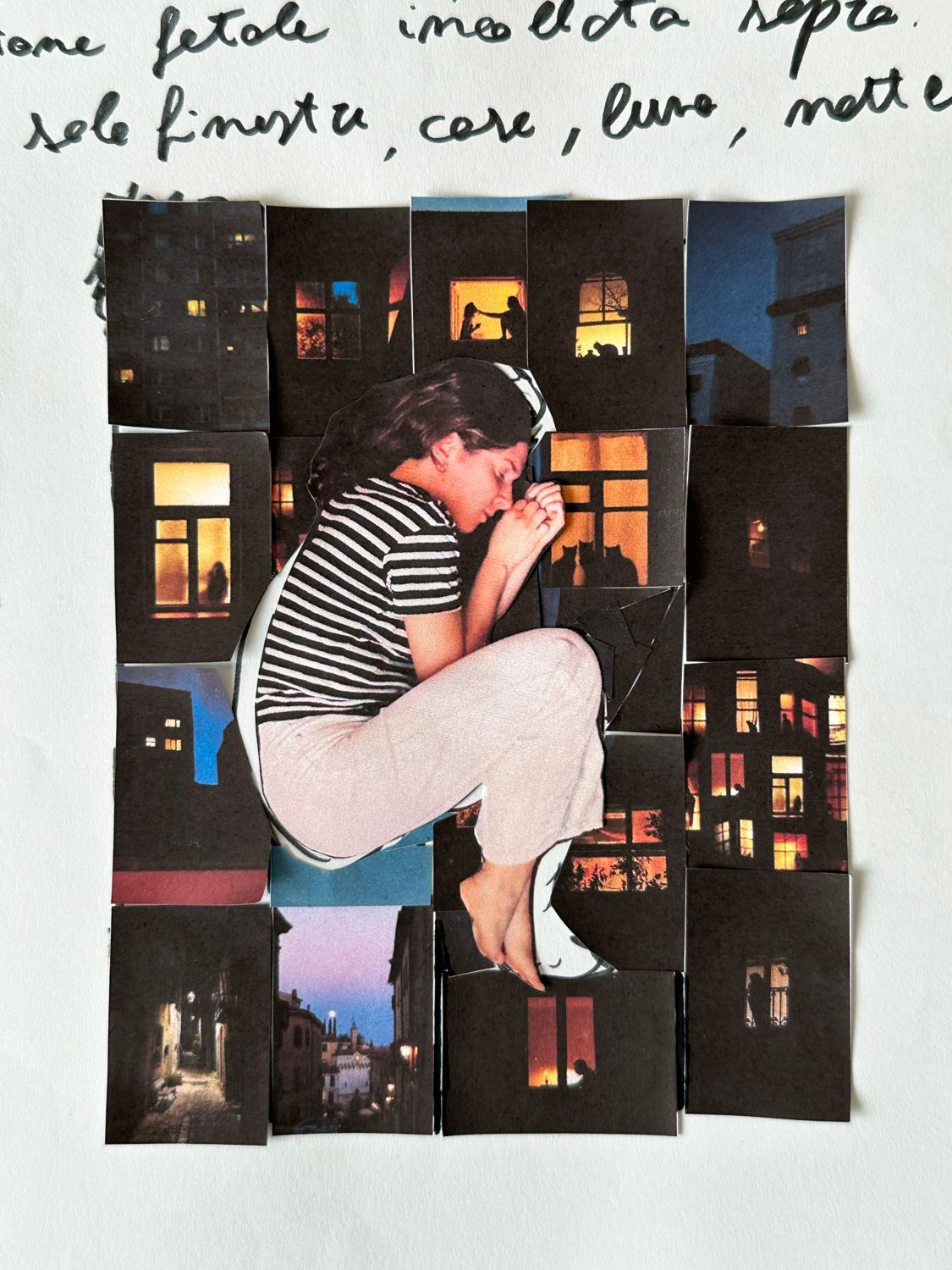 Collage of a figure curled up among lit windows at night, with handwritten notes above